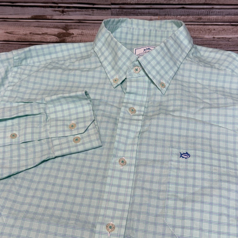 Southern Tide Button Down Shirt Mens Large Green Plaid Trim Fit Long Sleeve